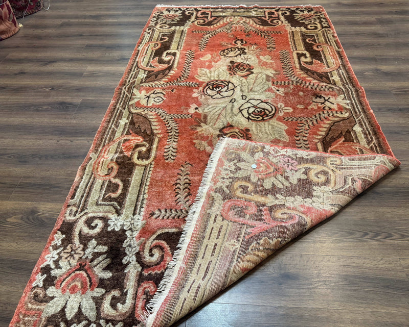 Khotan Rug 5x9, Terracotta and Brown, Floral, Chinese Wool Carpet, Antique Rug by Jewel Rugs