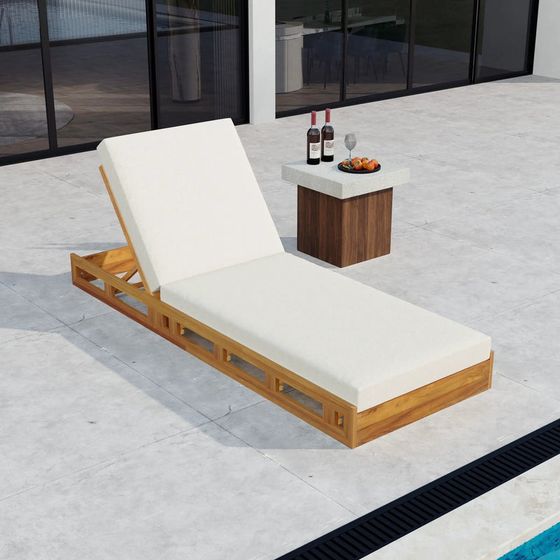 Premium Acacia Wood Lounge Chaise Set With Water Resistant Cushions, Adjustable Recline - Cream / Teak by HouseOfZazla