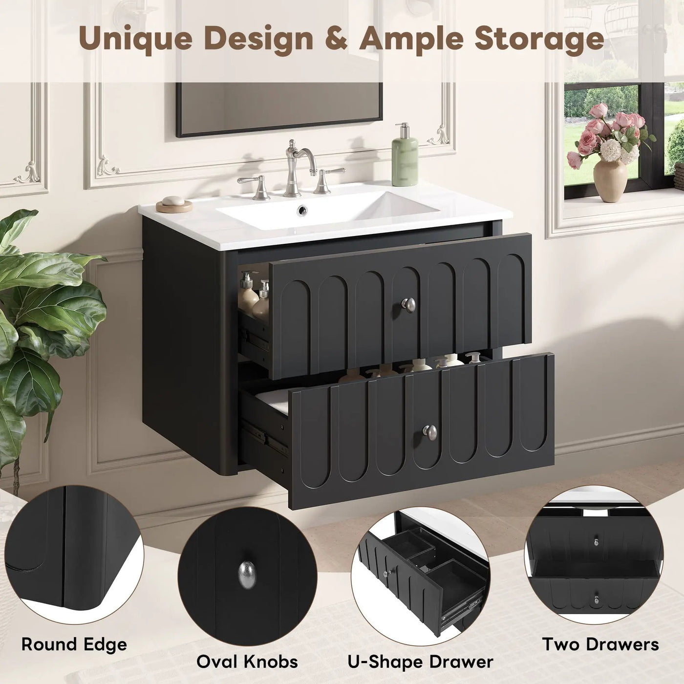 Floating Bathroom Vanity With Oval Knobs & Round Edge, Soft Close Drawer Slides by HouseOfZazla