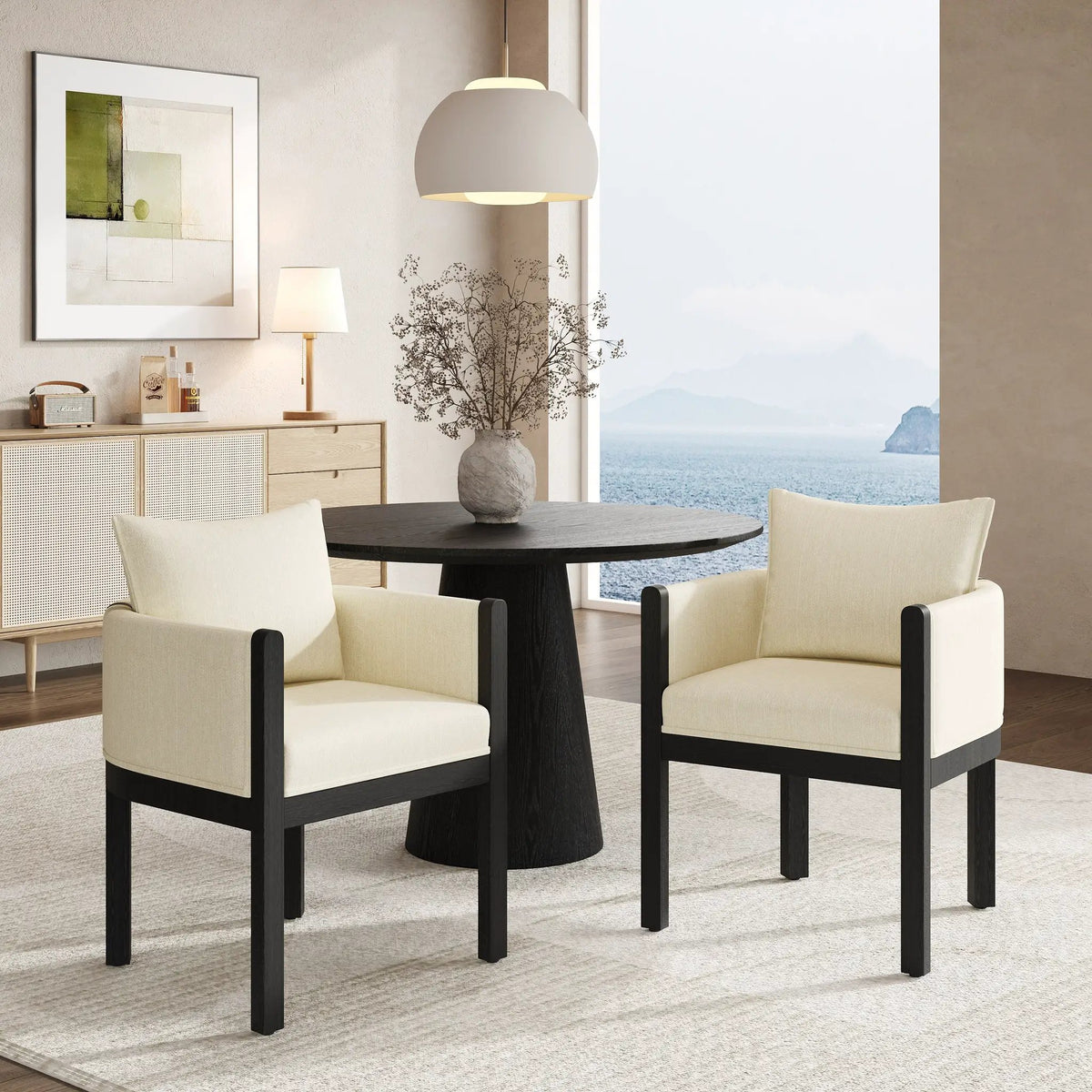 Linen Upholstered Armchair with Black Rubber Wood Legs by HouseOfZazla