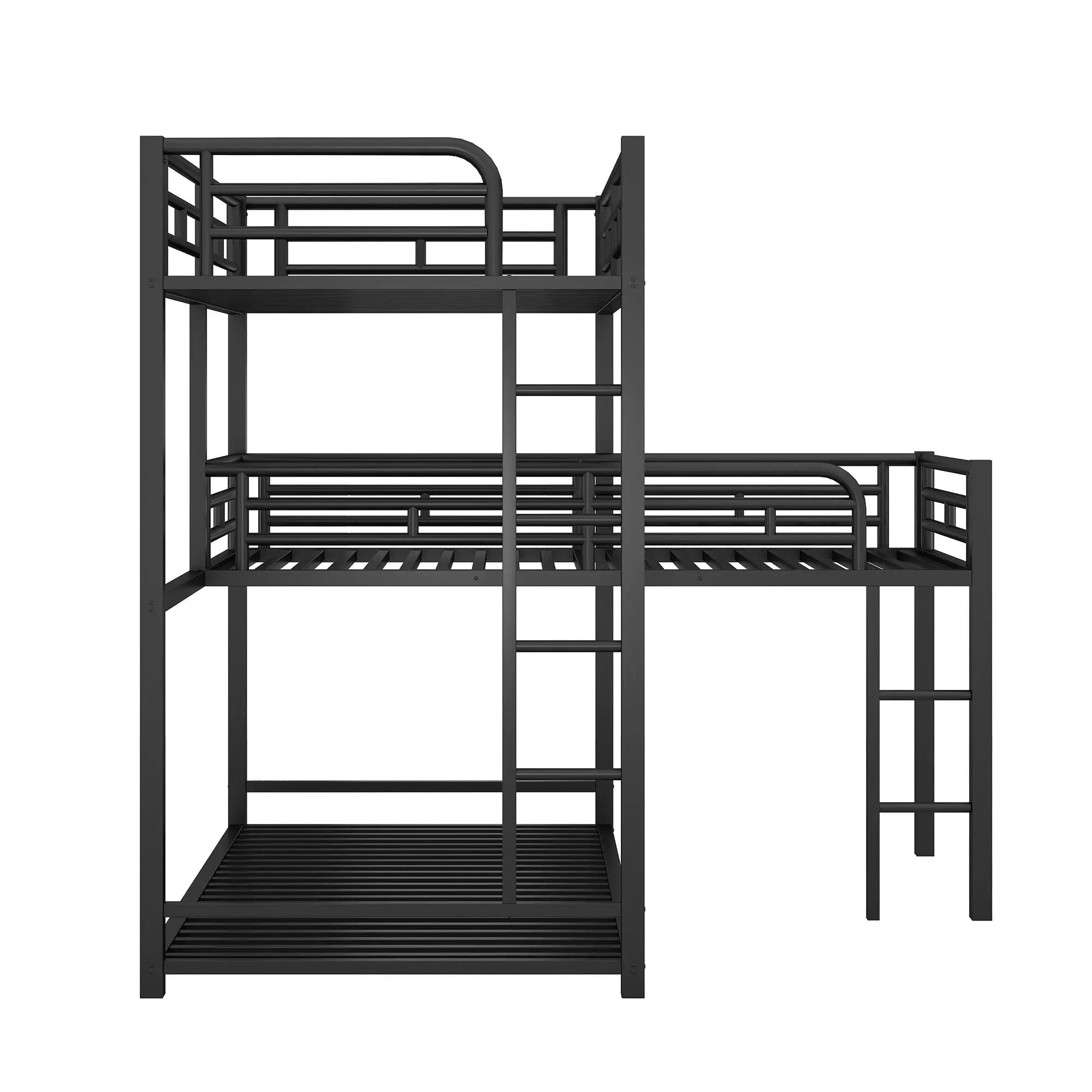 L-Shaped Triple Twin Size Bunk Bed, Industrial Design With Integrated Ladder And Full Length Guardrails - Black by HouseOfZazla