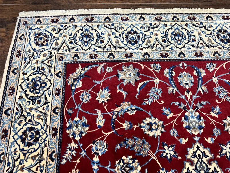 Persian Nain Rug 6x10, Wool and Silk Highlights, Red and Ivory, Floral Medallion, Vintage Handmade Hand Knotted, Fine 225 KPSI, Traditional Rug by Jewel Rugs