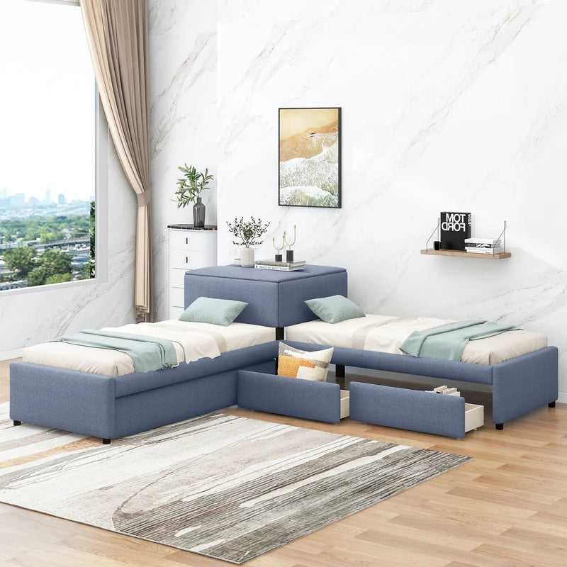 L Shaped Upholstered Platform Bed With Trundle And 2 Drawers Linked With Built In Desk by Unique Piece Furniture