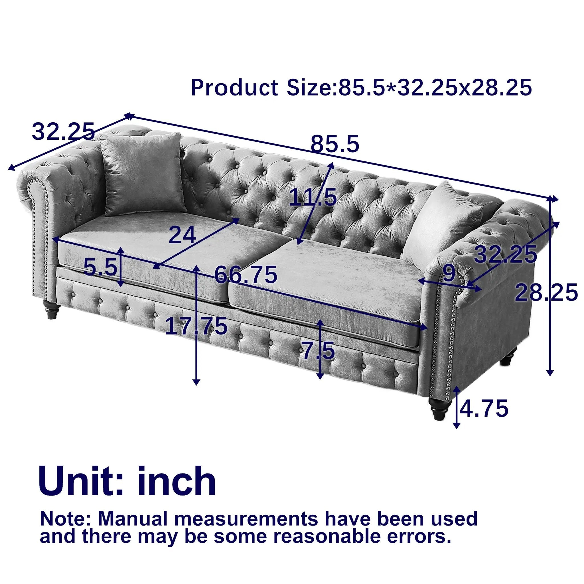 Tech Fabric Chesterfield Sofa with Rolled Arms - 3 Seater by HouseOfZazla