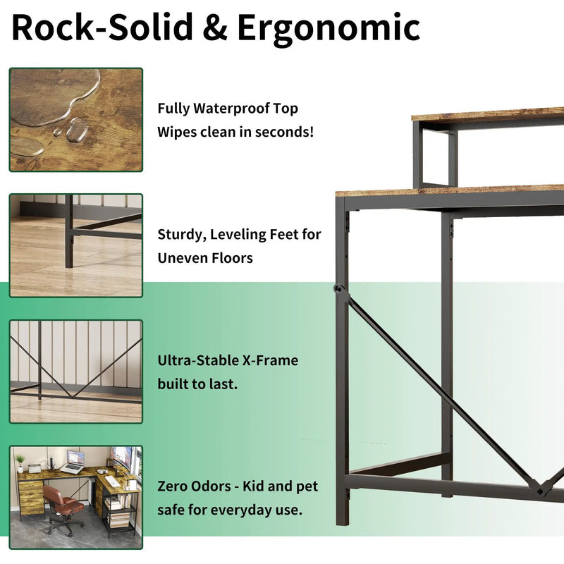 Industrial L Shaped Computer Desk With Power Outlets & USB-C, 6 Fabric Drawers, 3 Open Shelves, Movable Monitor Stands - Brown by HouseOfZazla