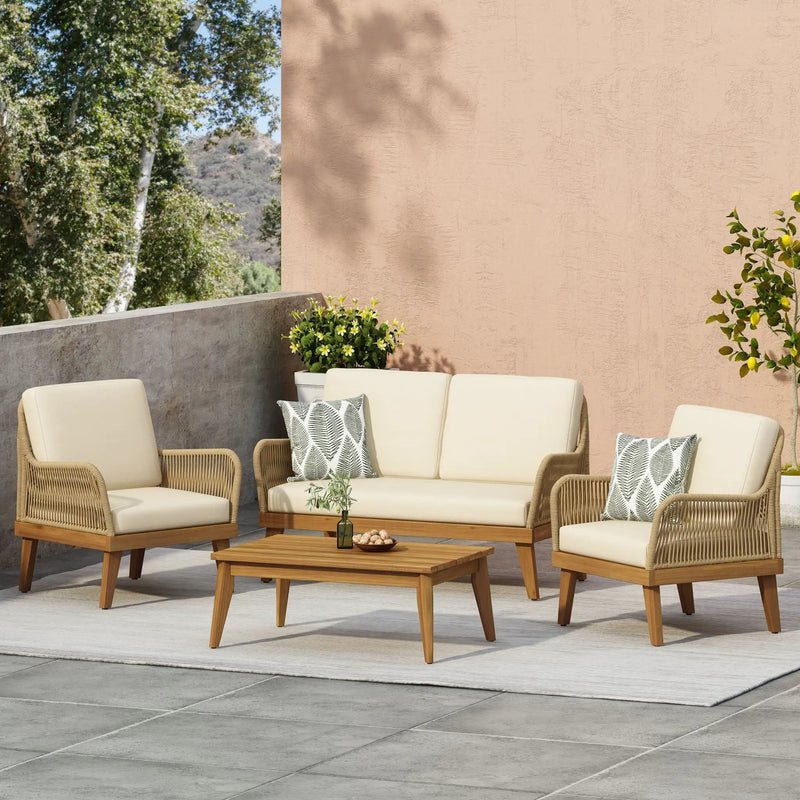 Hueber Outdoor And Rope 4 Seater Chat Set With Cushions - Teak by HouseOfZazla