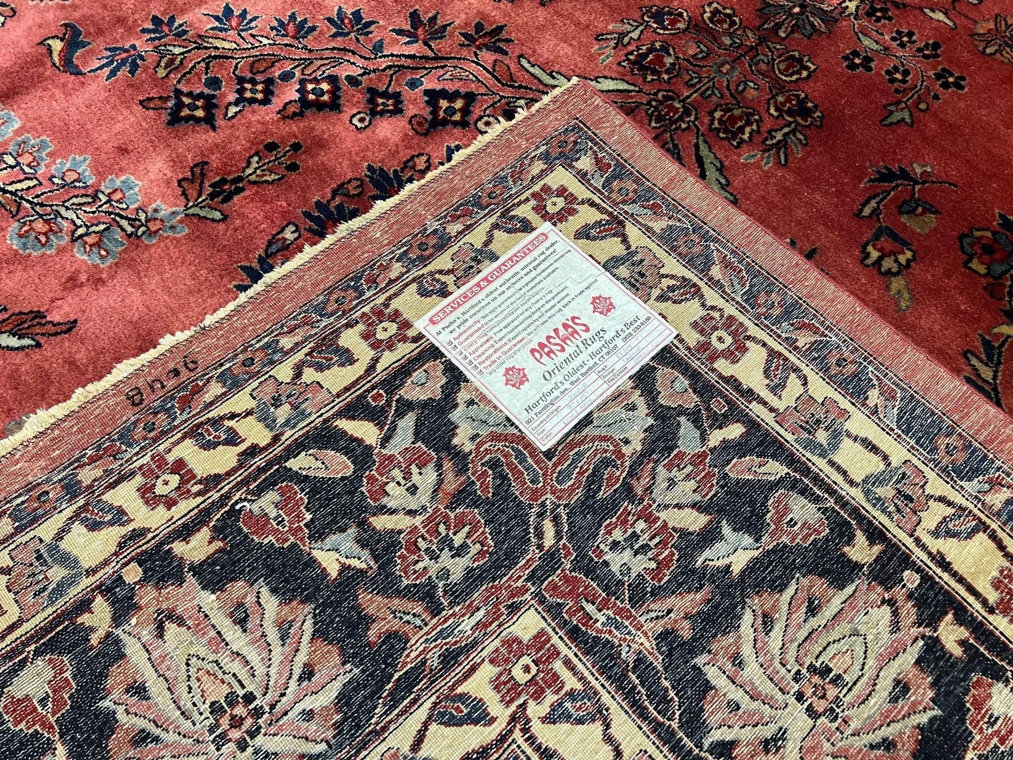 Indo Sarouk Rug 10x14, Vintage Indian Persian Area Rug 10 x 14, Wool Hand-Knotted Oriental Carpet, Red Floral Allover Large Rug, Beautiful by Jewel Rugs