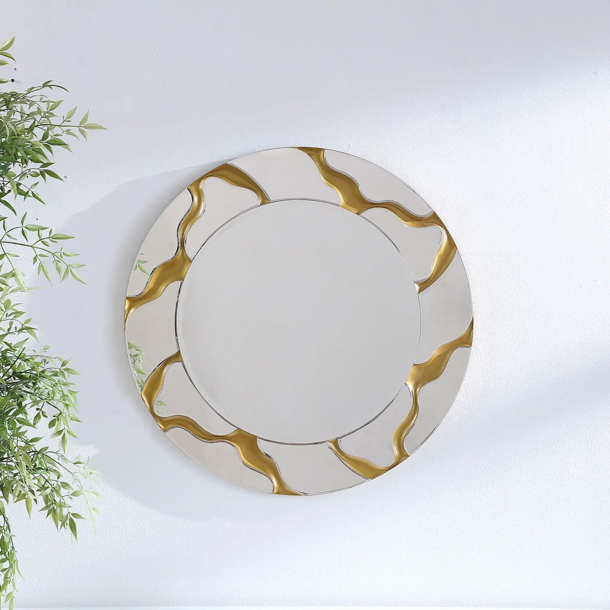 Dorinda 36 x 36 Inch Round Kintsugi Style Wall Mirror Gold by Unique Piece Furniture