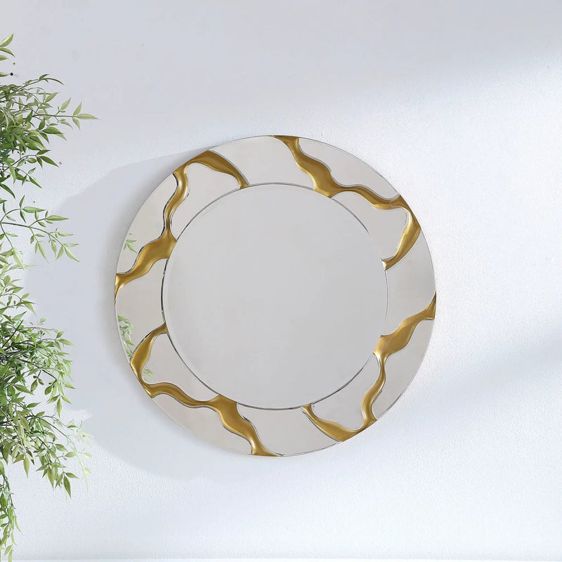 Dorinda 36 x 36 Inch Round Kintsugi Style Wall Mirror Gold by Unique Piece Furniture