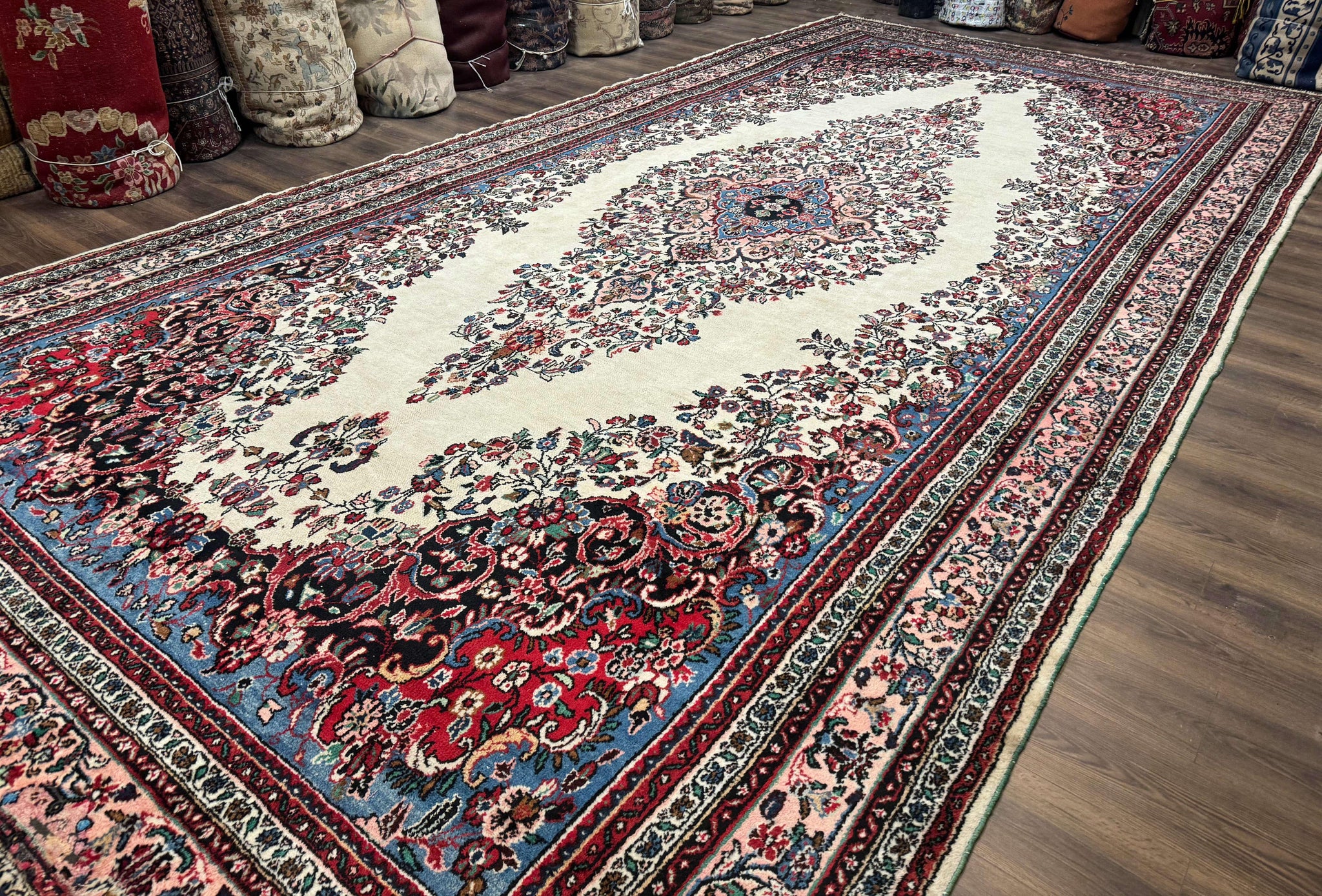 Palace Size Persian Rug 10 x 21 ft, Antique Hamadan Bibikabad Carpet, Handmade Antique Wool Oversized Rug, Ivory, Semi Open Field by Jewel Rugs