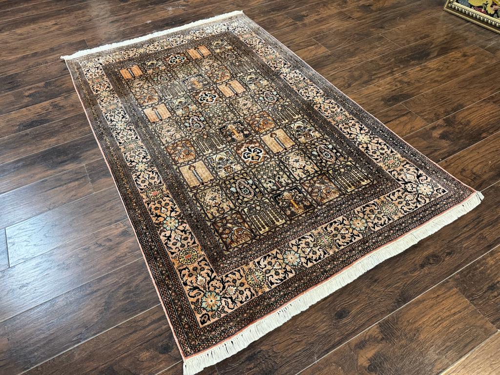 Indian Kashmiri Silk Rug 4x6, Panel Design, Multicolor, Fine by Jewel Rugs