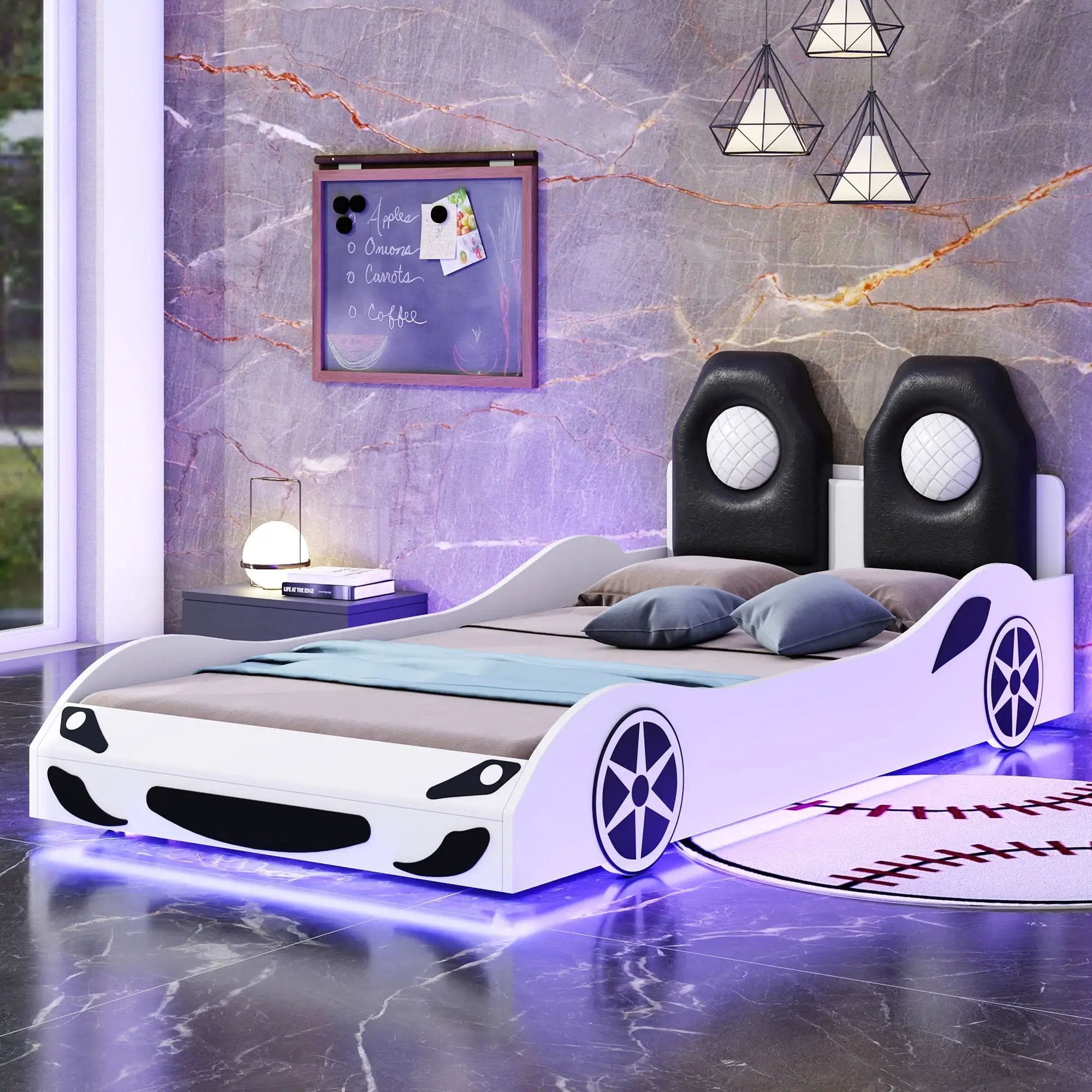 Race Car Shaped Platform Bed With LED And Upholstered Backrest In by Unique Piece Furniture