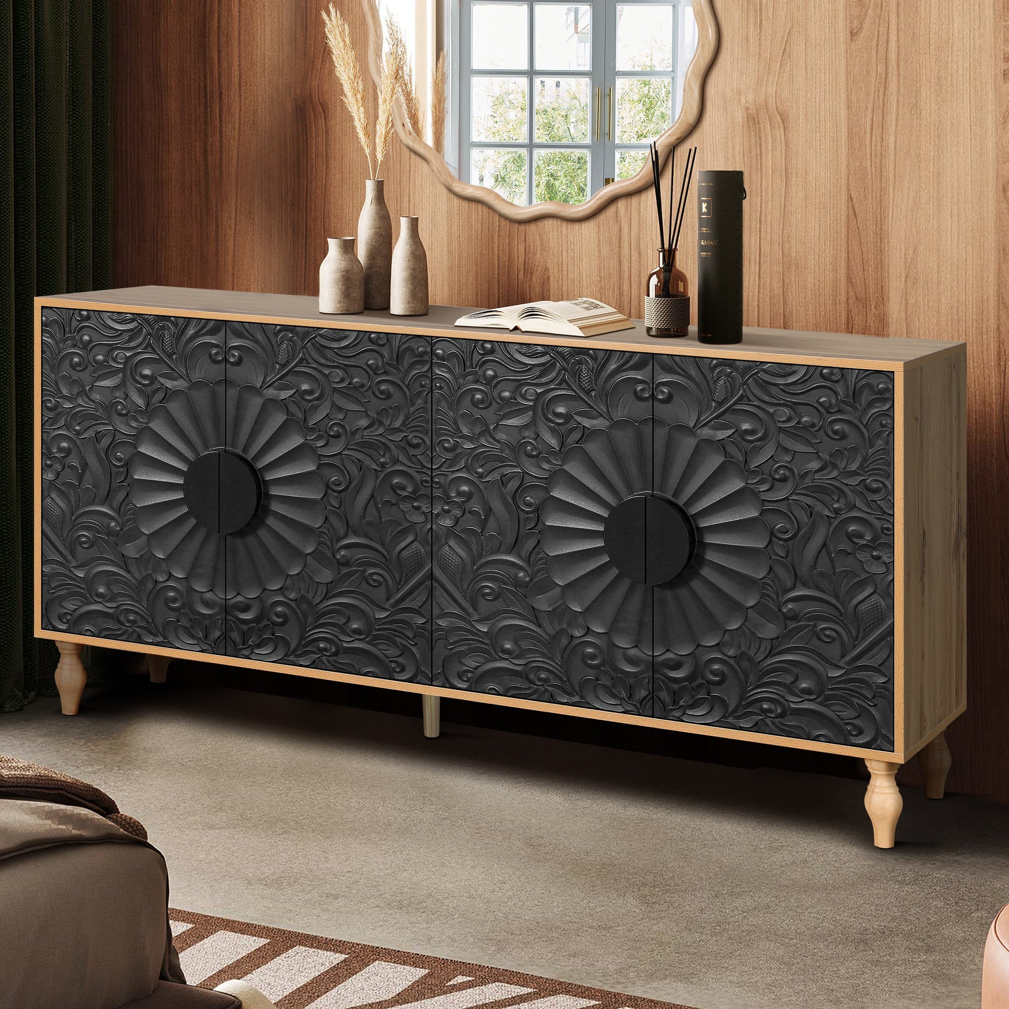 Black Carved Symmetrical Design Door And Wood Coloured Frame TV Stand by HouseOfZazla
