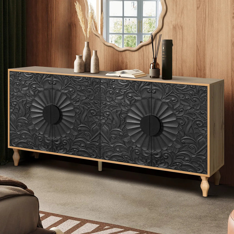 Black Carved Symmetrical Design Door And Wood Coloured Frame TV Stand by HouseOfZazla
