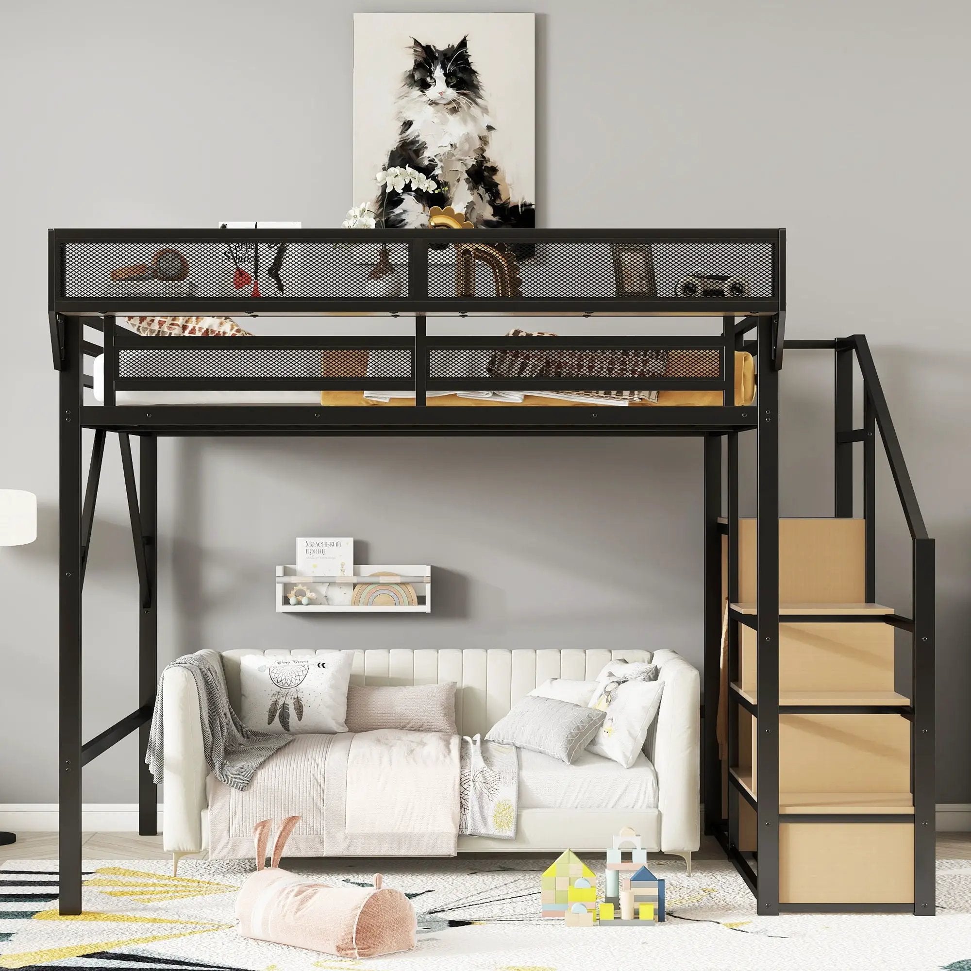 Queen Size Loft Bed & Stairs, Storage Shelves, Wardrobe - Black / Wood by Unique Piece Furniture