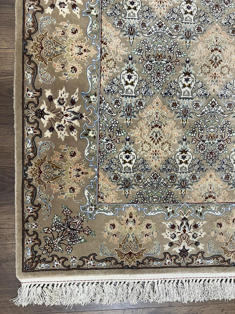 Super Fine Persian Isfahan Rug 3x5 ft, Kork Wool on Silk Foundation, Repeated Floral Motif, Taupe Tan Hand Knotted Oriental Carpet 3 x 5 ft, Signed by Jewel Rugs