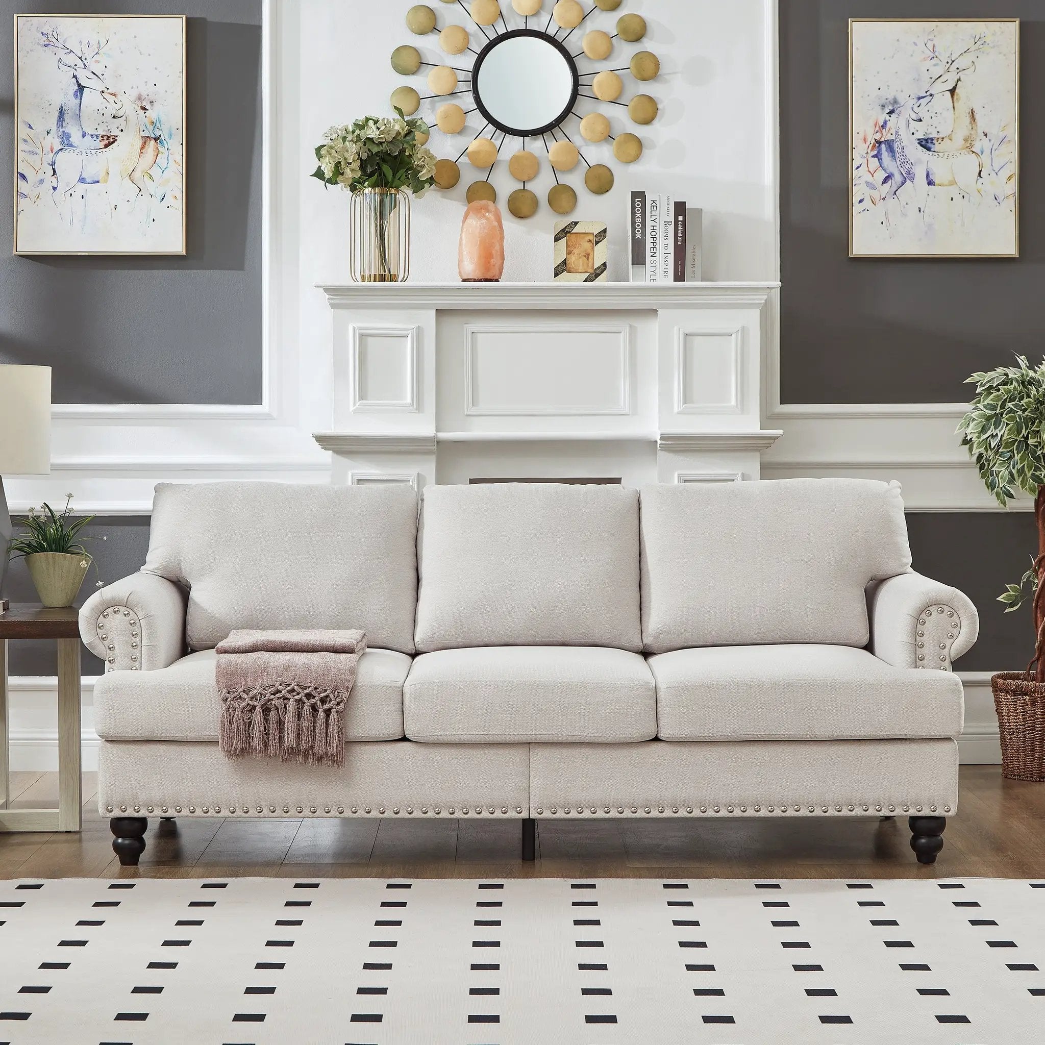 83" Modern Classic Design with Nails Living Room Three Seater Sofa by HouseOfZazla