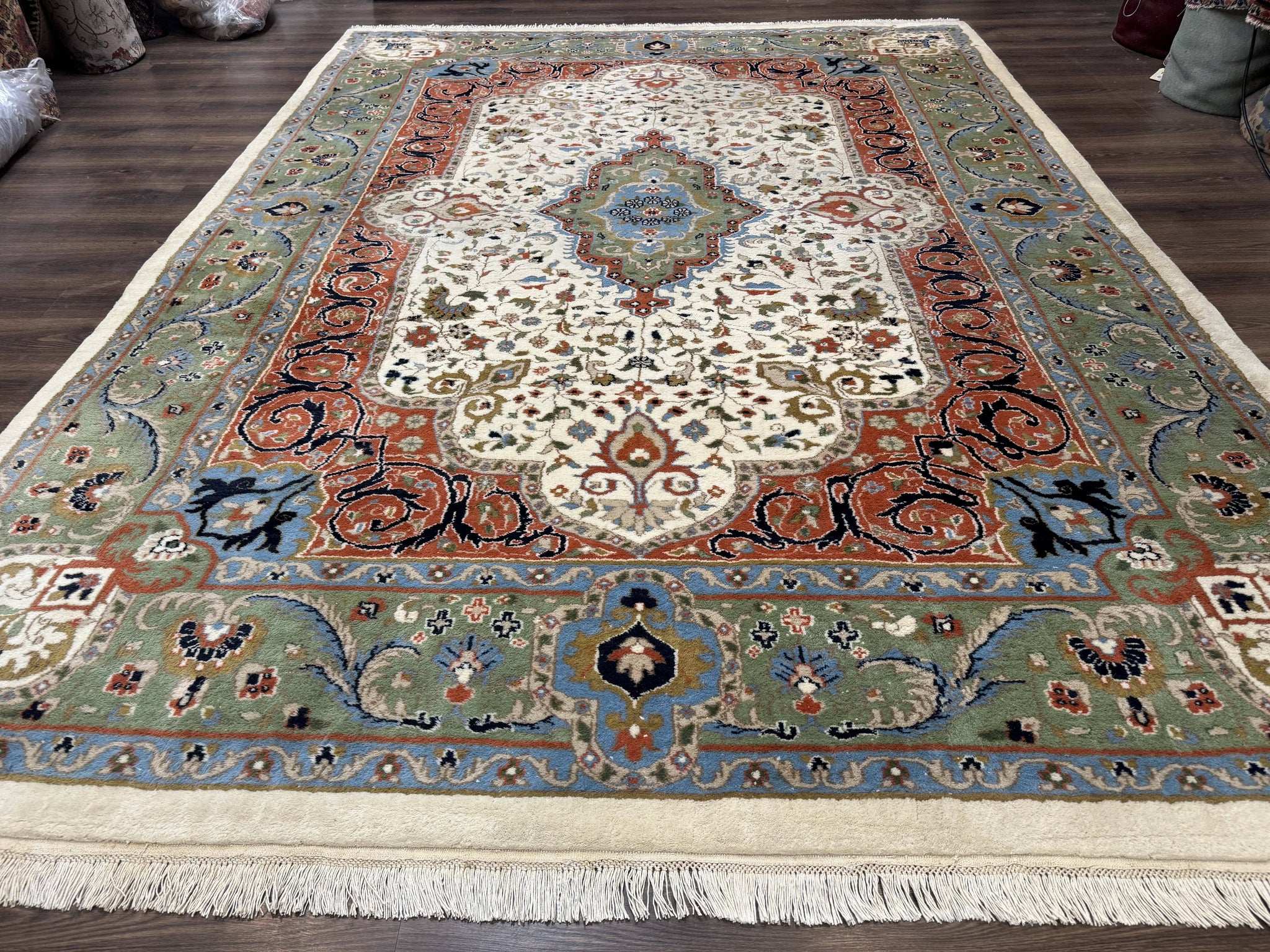 Indo Persian Rug 9x12, Ivory Red Green, Traditional Oriental Carpet by Jewel Rugs