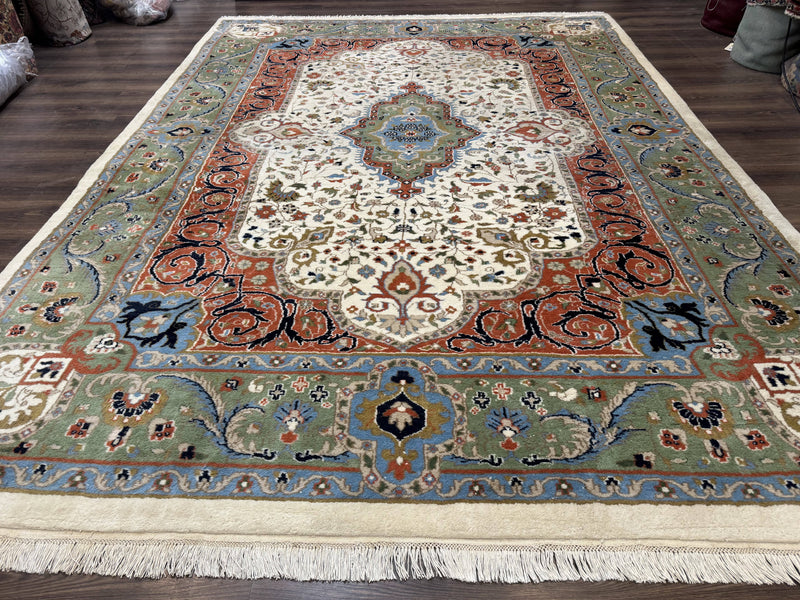 Indo Persian Rug 9x12, Ivory Red Green, Traditional Oriental Carpet by Jewel Rugs