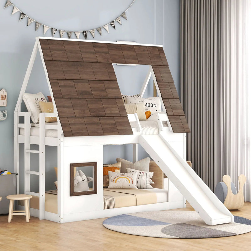 Wood Twin Size House Bunk Bed With Roof, Ladder And Slide - White / Brown by HouseOfZazla
