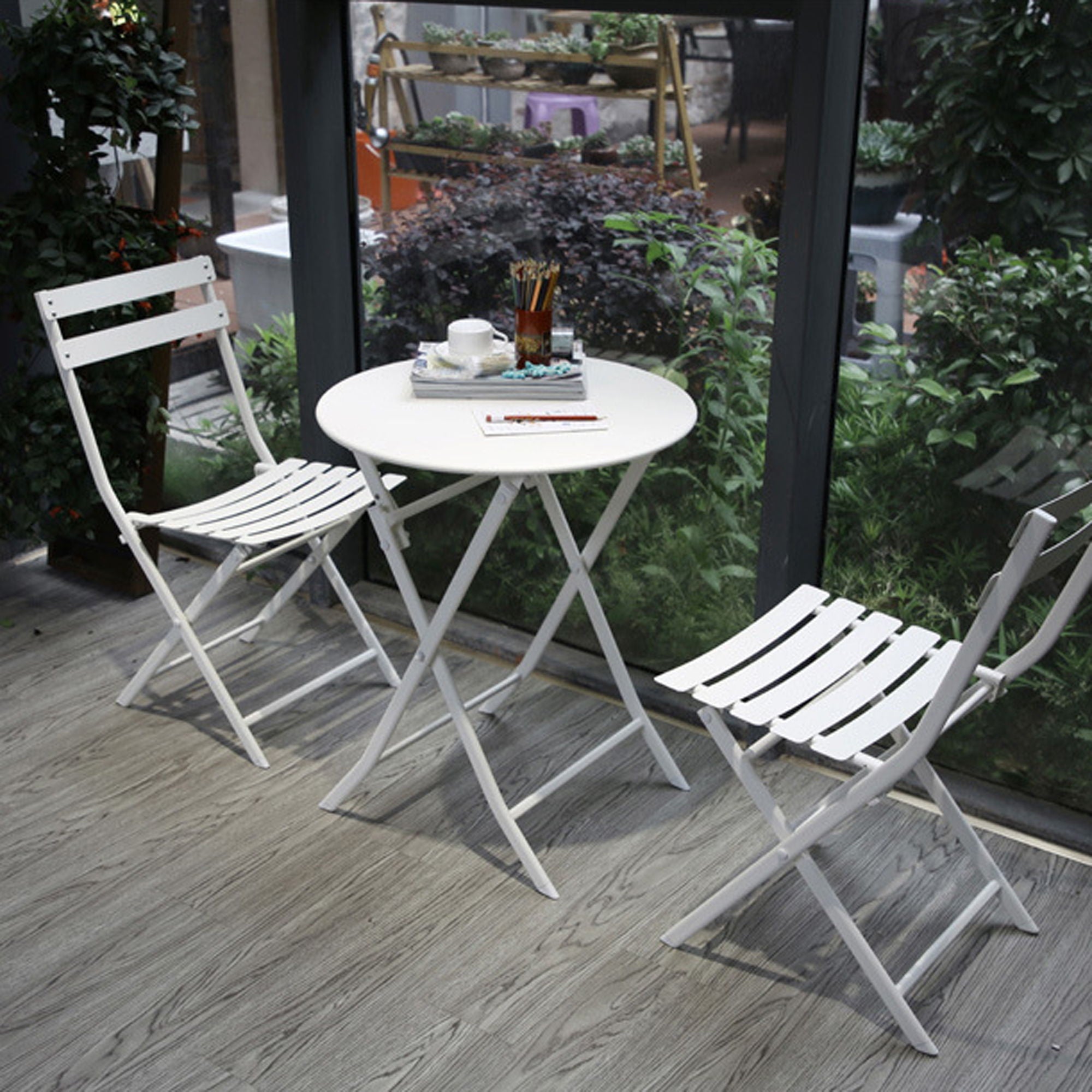 3 Piece Patio Bistro Set Of Foldable Round Table And Chairs by HouseOfZazla
