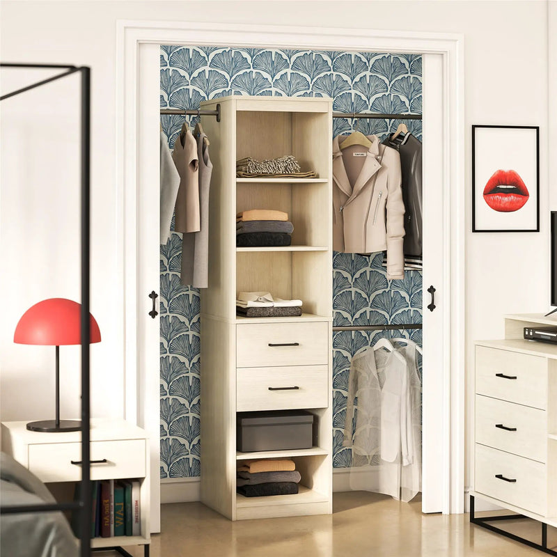 Kelly - 5 Shelf 2 Drawer Closet Organizer With 3 Adjustable Hanging Rods - Ivory by Unique Piece Furniture