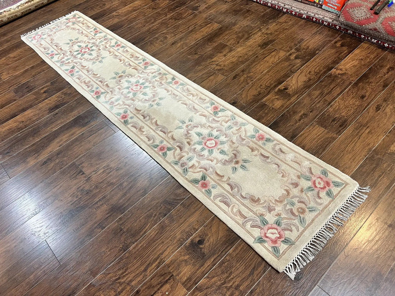 Chinese Aubusson Runner Rug 2.4 x 11, Hand Tufted Beige Floral European Design Hallway Rug, Elegant Rug, Vintage Wool Rug 11ft Long by Jewel Rugs