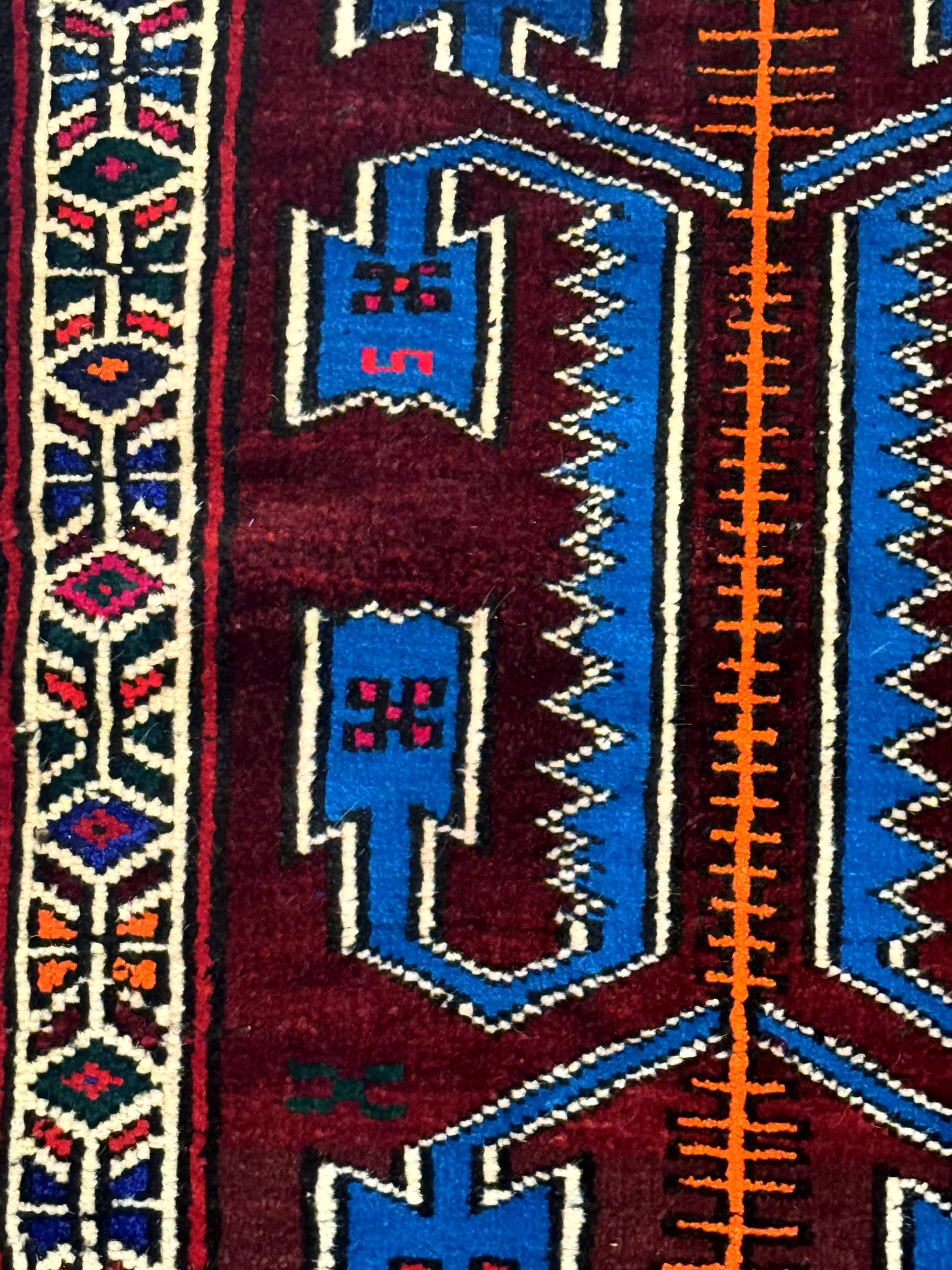 Persian Tribal Rug 1.8 x 2, Small Balouchi Rug, Unique Design, Burgundy and Blue by Jewel Rugs
