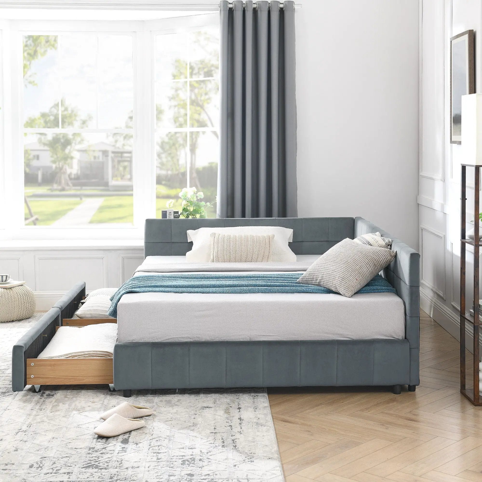 Mid-Century Storage Upholstered Tufted Bed Frame With Backrest And Armrests by Unique Piece Furniture