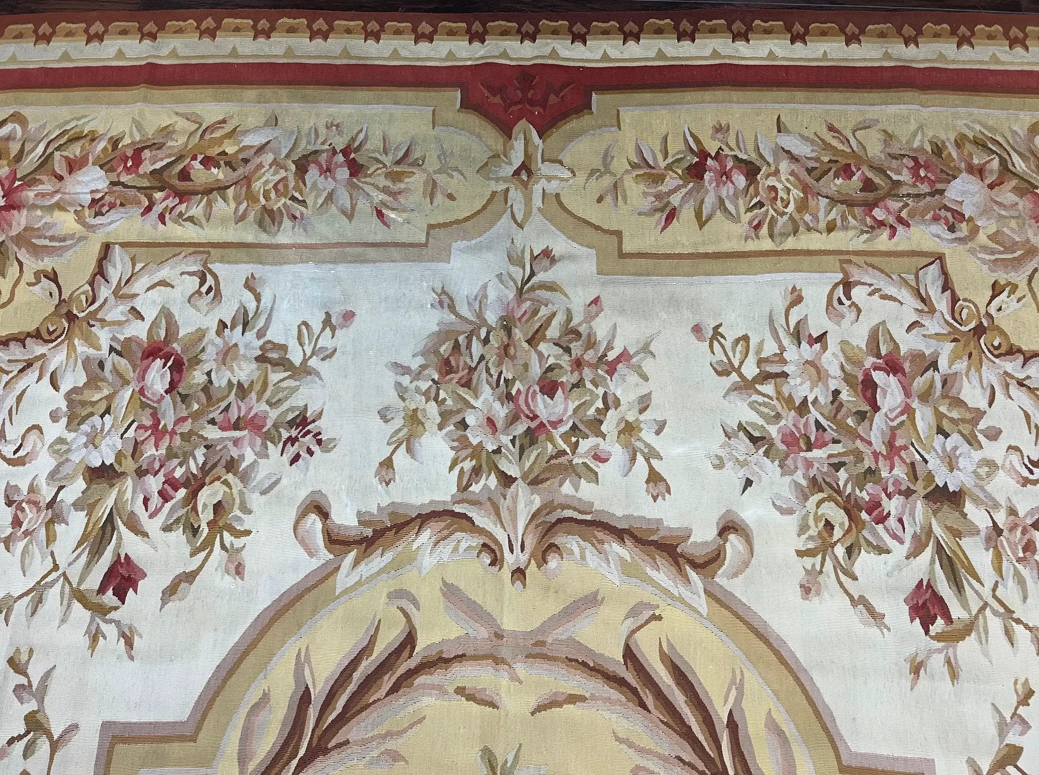 Aubusson Rug 9x12, Elegant Flatweave Savonnerie Carpet 9 x 12 ft, Ivory Light Yellow Red, Handmade Wool Flatweave French European Rug by Jewel Rugs