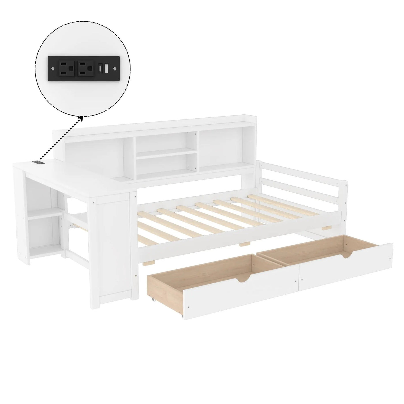 Corner Daybed With Storage Drawers, Desk, Charging Port & Bookcase by HouseOfZazla