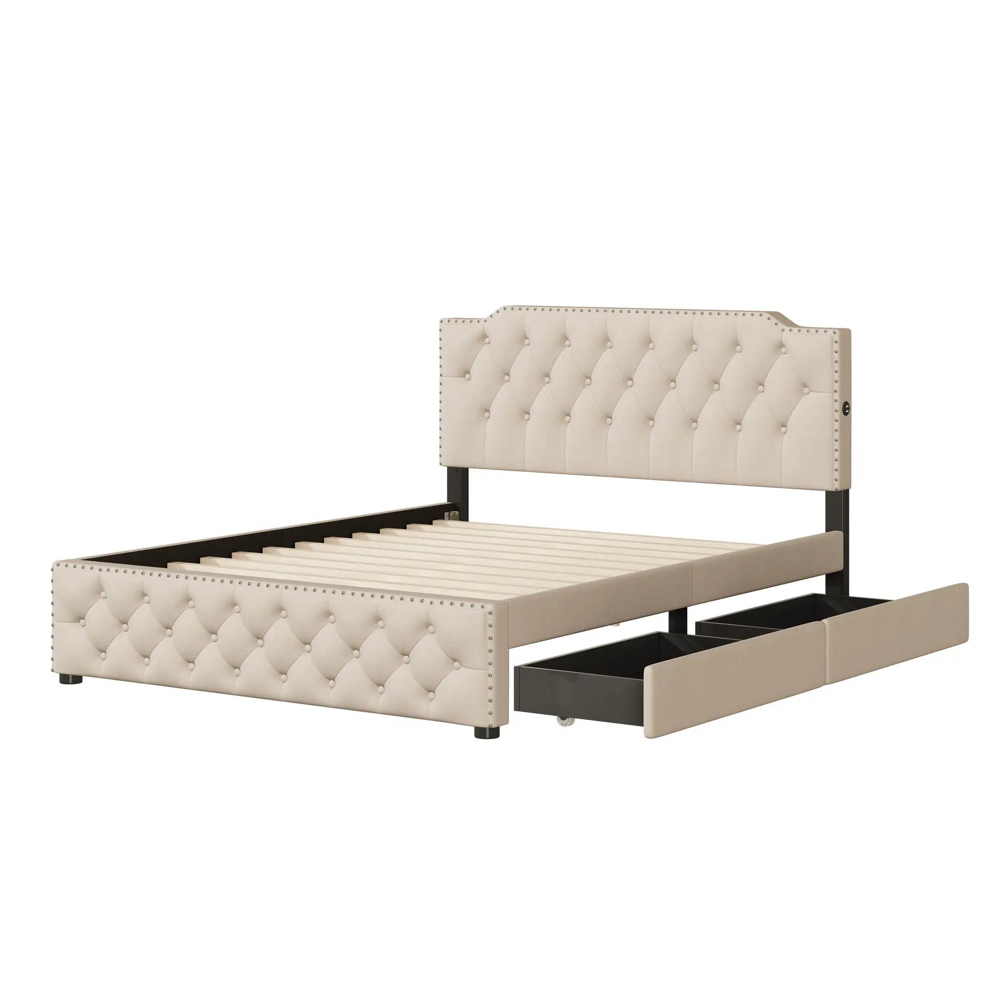 Upholstered Platform Bed With 2 Drawers And 2 Sets Of USB Ports On Each Side, Fabric by HouseOfZazla