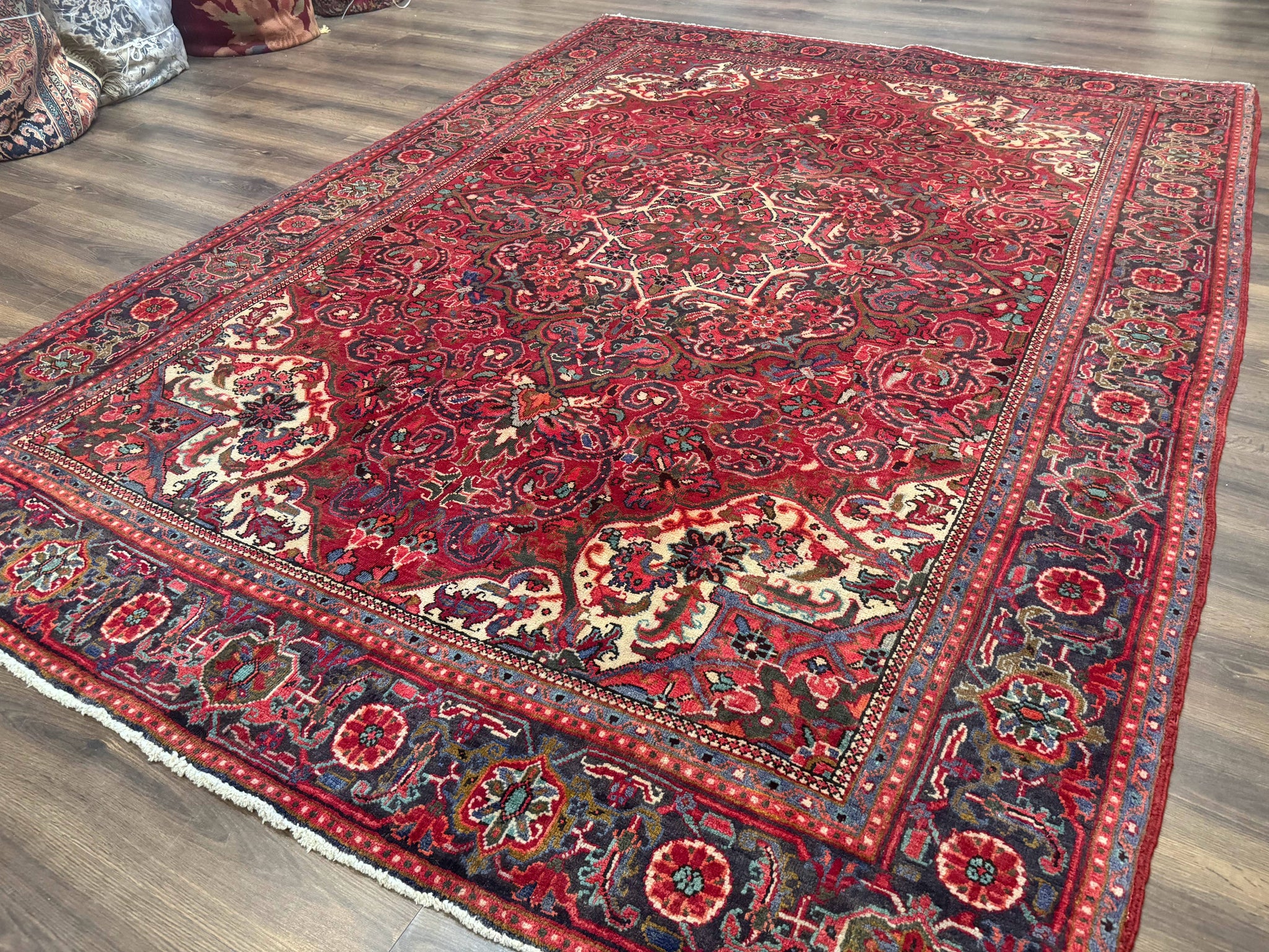 Persian Heriz Rug 7x10, Red and Navy, Geometric Medallion, Vintage Wool Carpet by Jewel Rugs