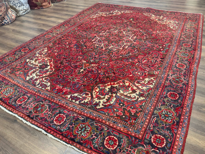 Persian Heriz Rug 7x10, Red and Navy, Geometric Medallion, Vintage Wool Carpet by Jewel Rugs