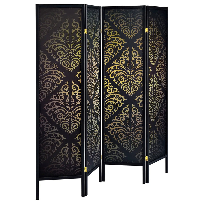 4 Panel Folding Screen With Diamond Scrollwork Motif - Black by HouseOfZazla