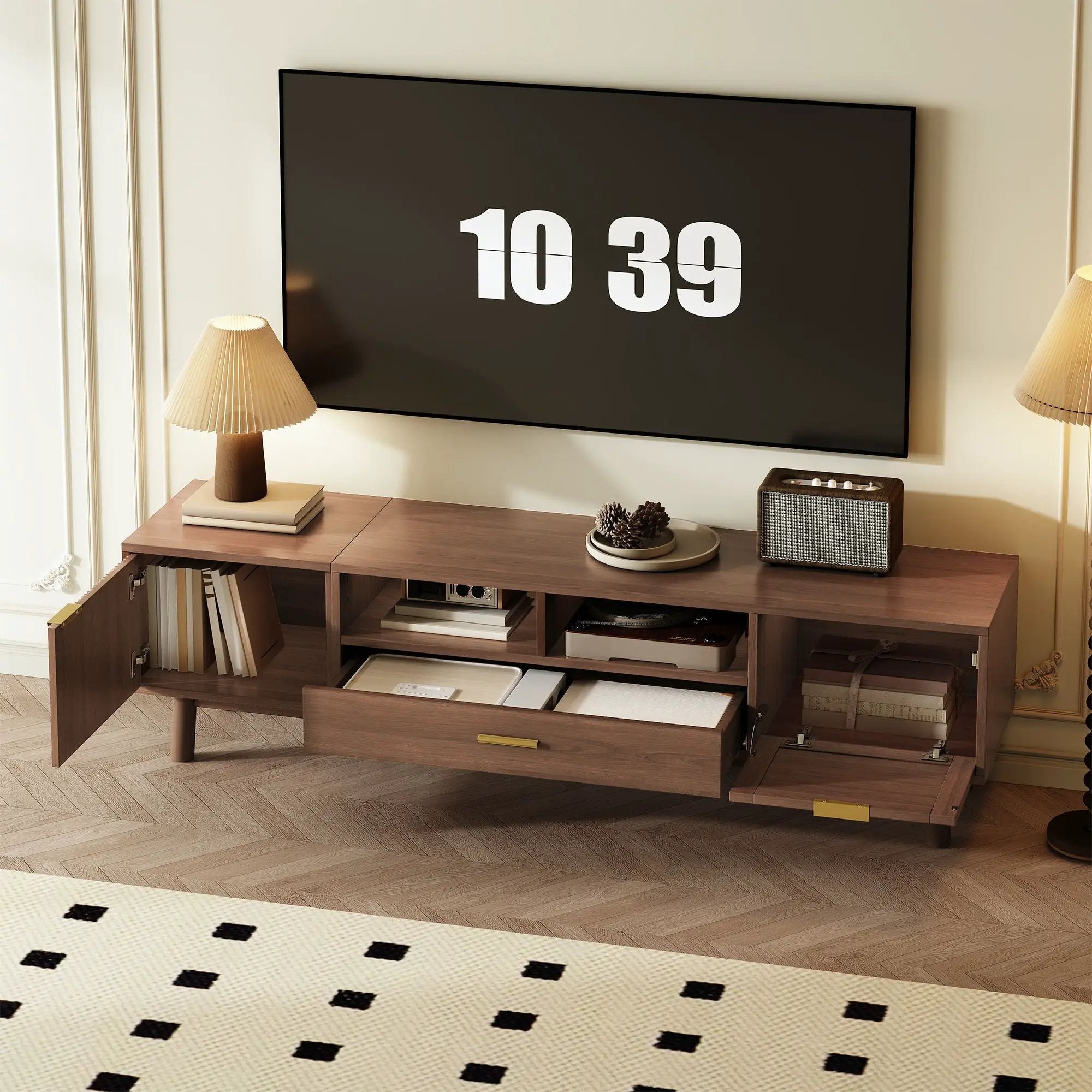 TV Stand For 75" TVs With Soft Closing Doors, Console With Accents And Drop Down Cabinet - Dark Brown by Unique Piece Furniture