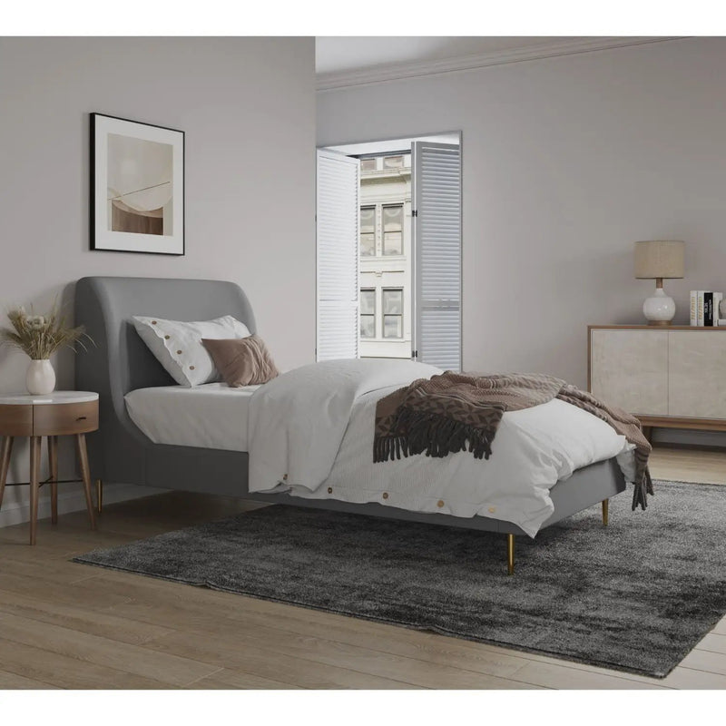 Mid-Century Modern Upholstered Bed With Curved Headboard