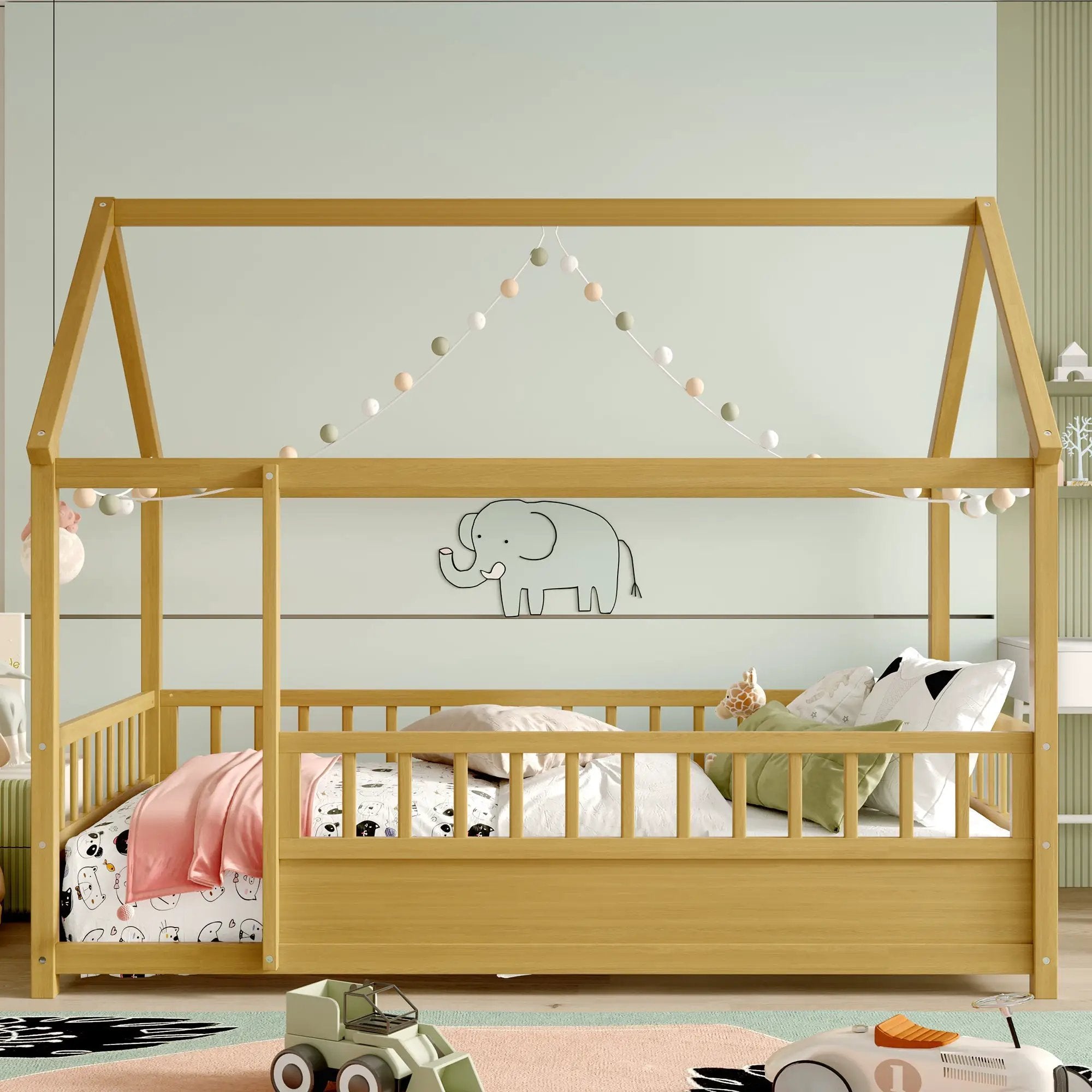 Twin Size Floor Wooden Bed with House Roof Frame by HouseOfZazla