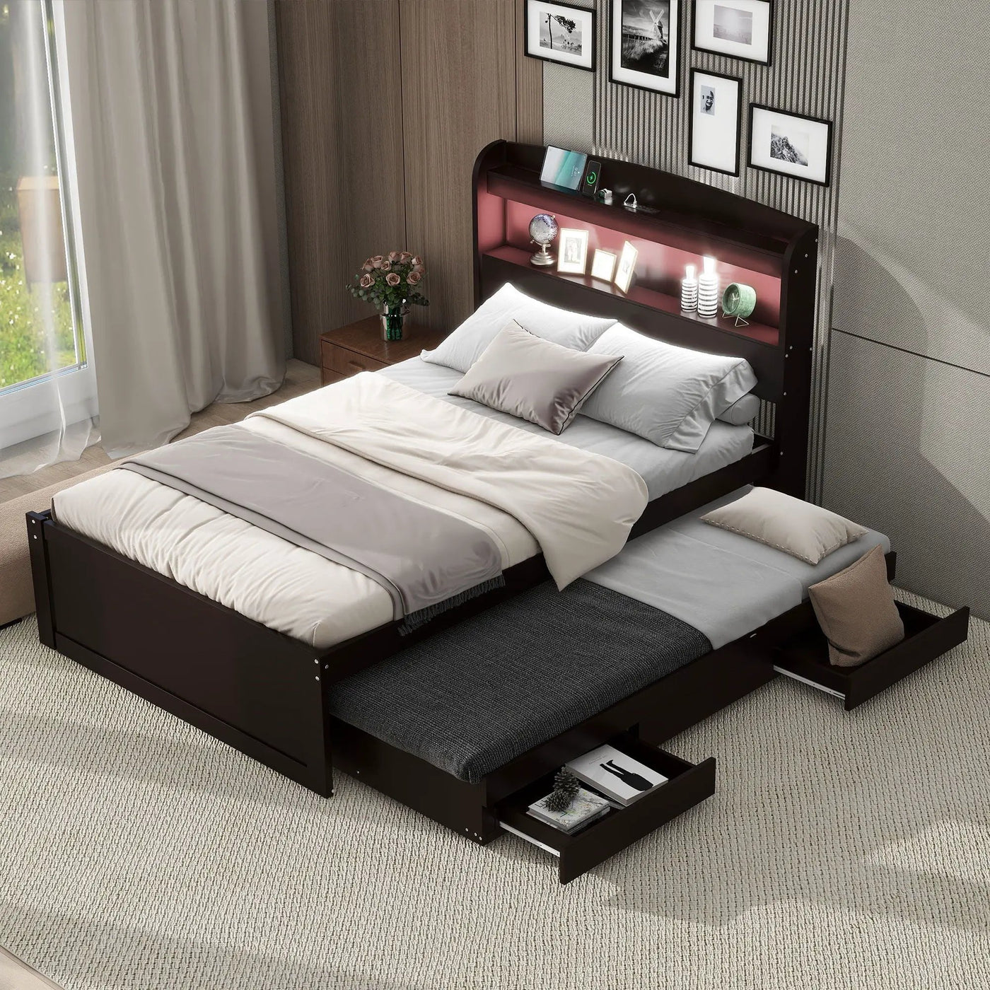 Platform Bed With LED Headboard, Charging Station, Trundle And 2 Drawers by Unique Piece Furniture