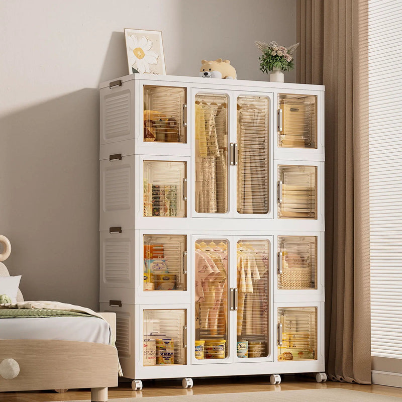 Portable Wardrobe Closet Storage Organizer For Clothes With Magnetic Doors, 12 Cubes & 2 Hanging Rods - White by Unique Piece Furniture