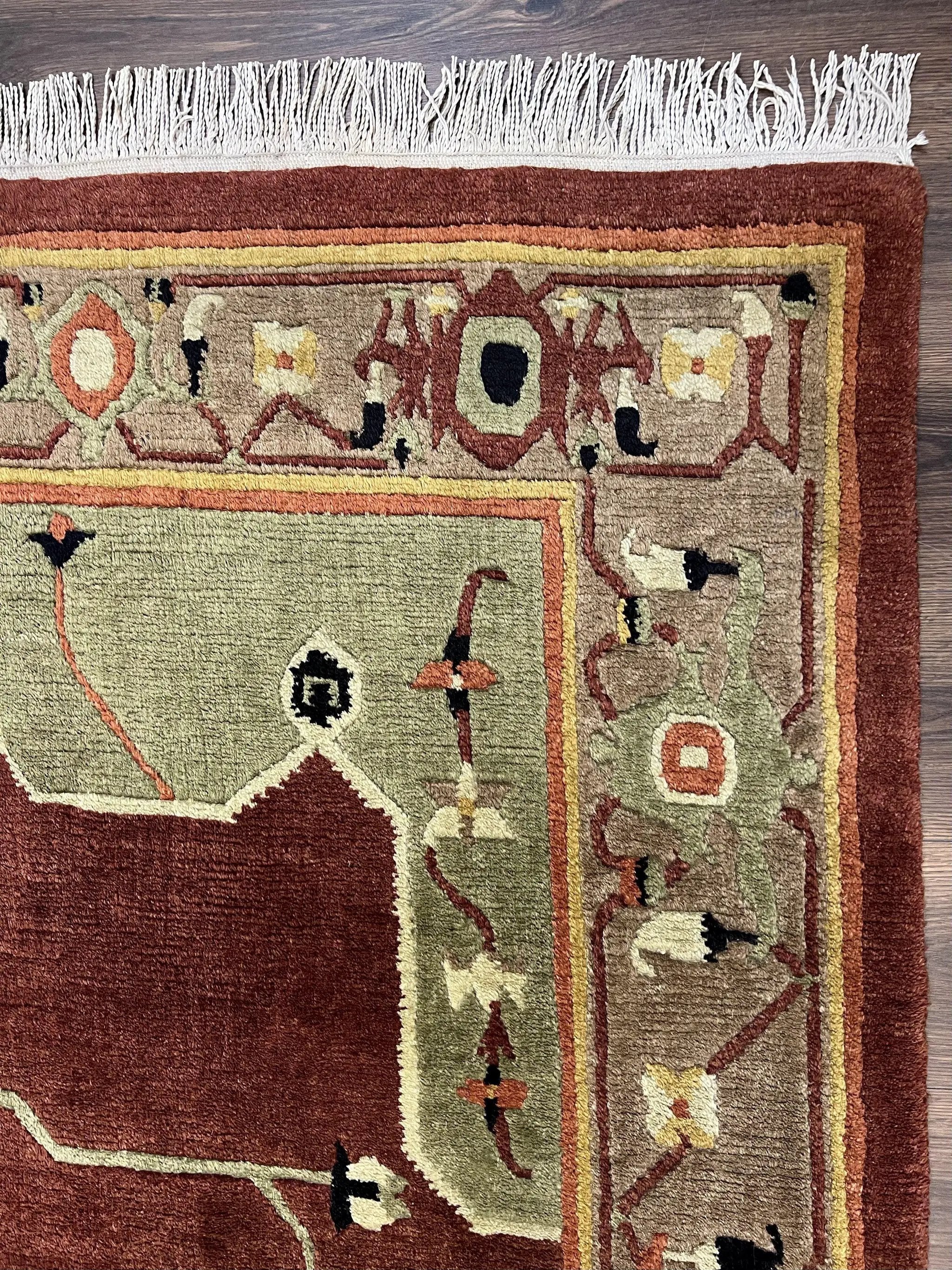Tibetan Rug 7x10, Geometric Medallion, Red Green Taupe, Hand Knotted, Soft Wool Area Rug, Contemporary Carpet, Handmade Nepali Rug 7 x 10 ft by Jewel Rugs