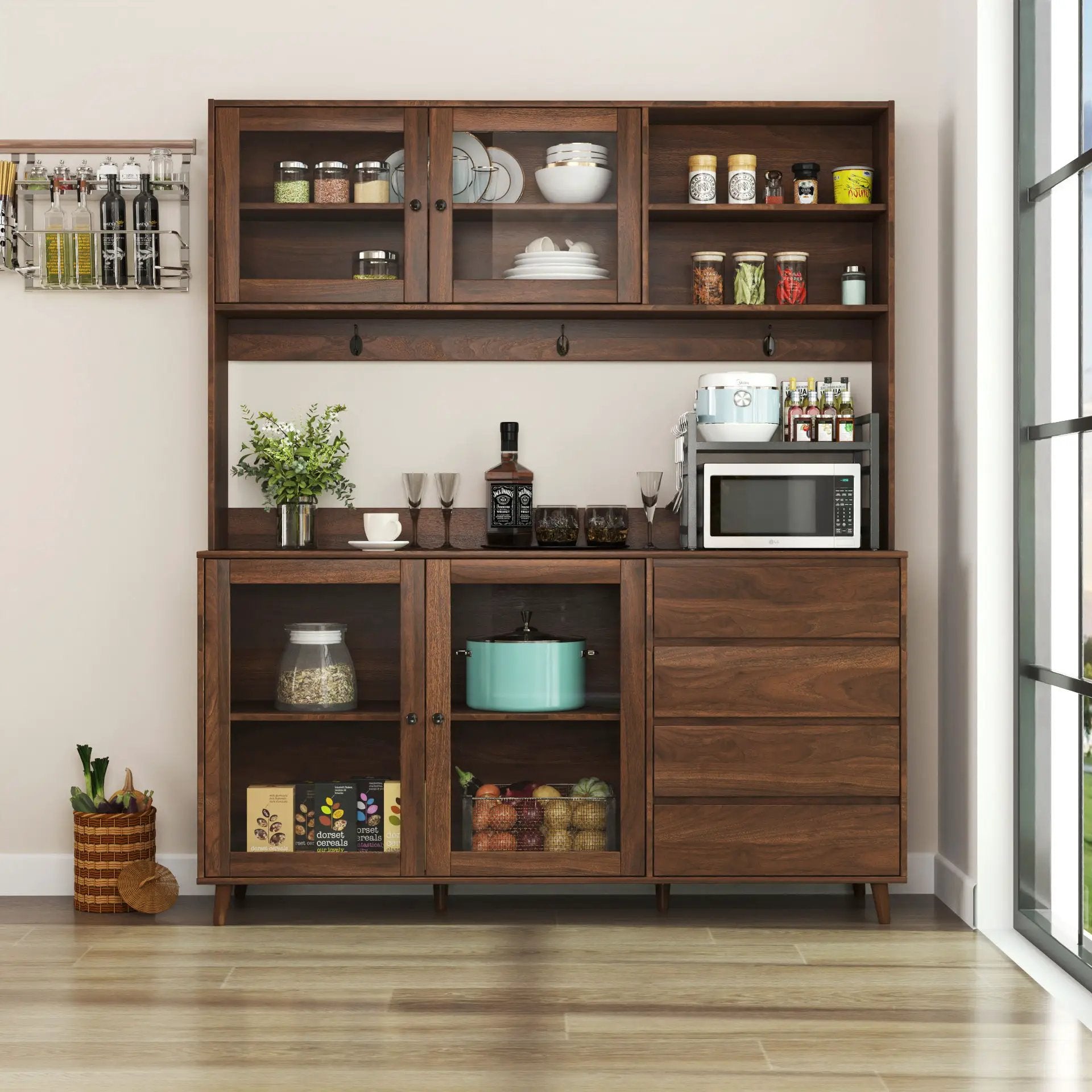 Large Kitchen Hutch Cabinet, Storage Kitchen Cupboard With 4 Doors, 4 Drawers & Microwave Shelf - Walnut by HouseOfZazla