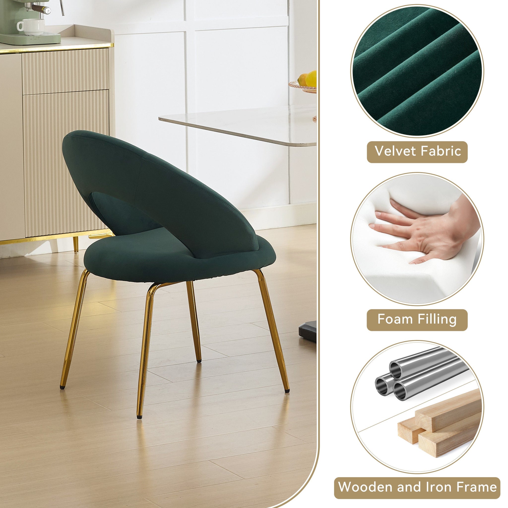 Velvet Fabric Dining Chair with Curved Backrest and Golden Metal Legs by HouseOfZazla