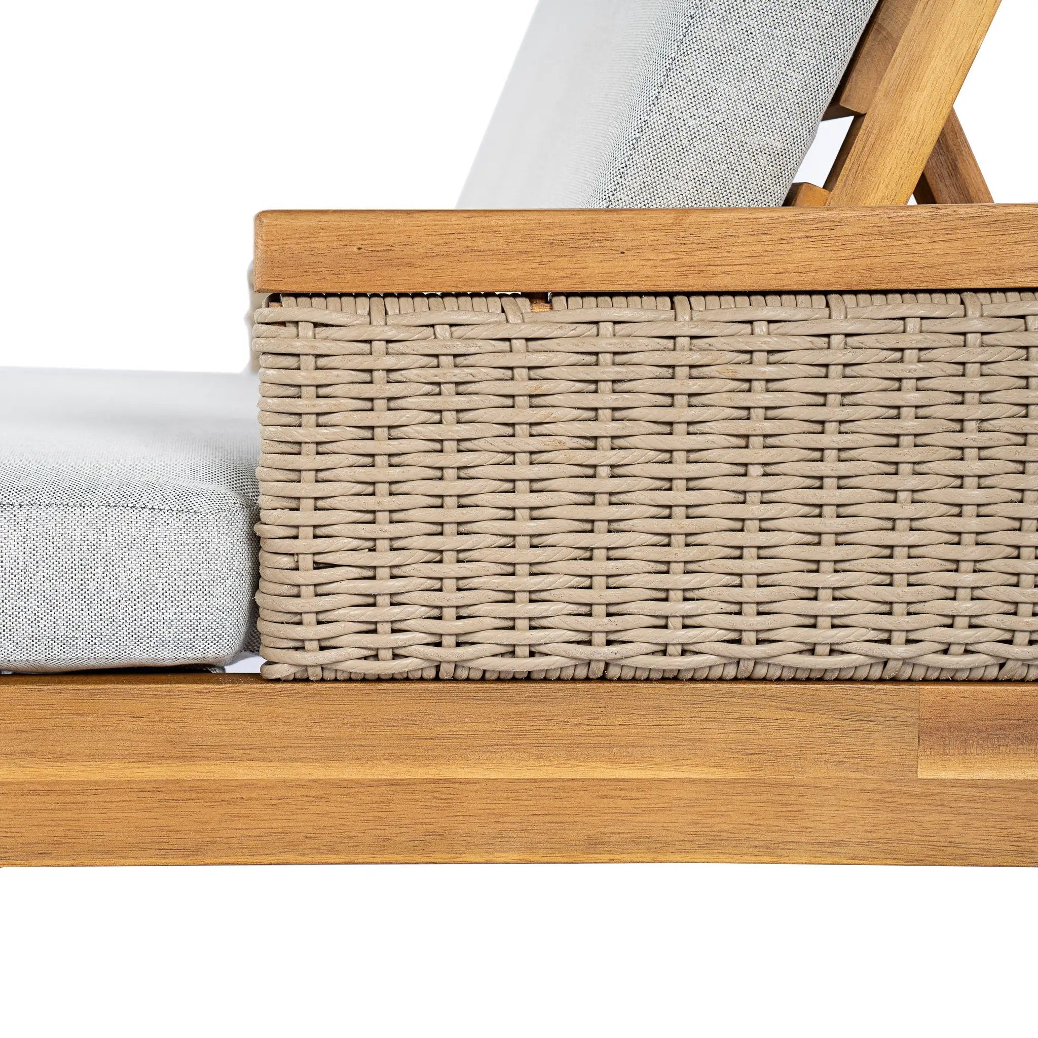 Solid Acacia Wood Sun Lounger with Grey Cushions and Light Grey Wicker by HouseOfZazla