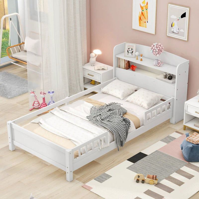 Wood Platform Bed With Built In LED Light, Storage Headboard And Guardrail by Unique Piece Furniture