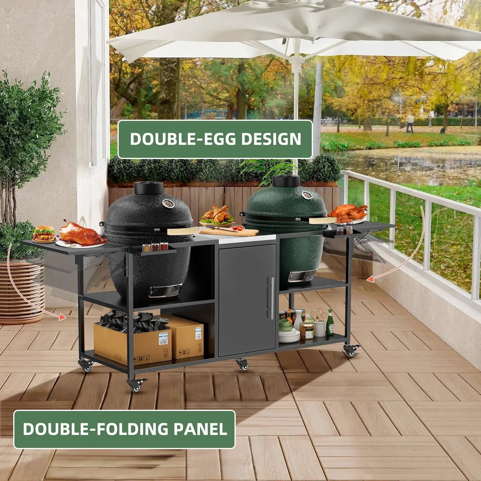 Outdoor Grill Cart For 2 Big Egg - Black / Silver by HouseOfZazla