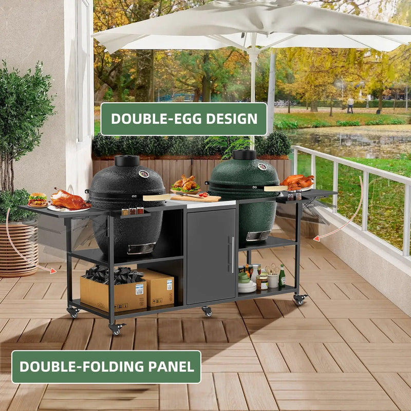 Outdoor Grill Cart For 2 Big Egg - Black / Silver by HouseOfZazla