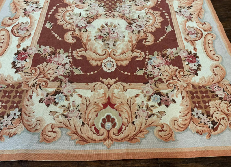Vintage Needlepoint Rug 6x9, Aubusson Rug, Flatweave Wool Elegant Carpet, Medium Size, French European Design by Jewel Rugs