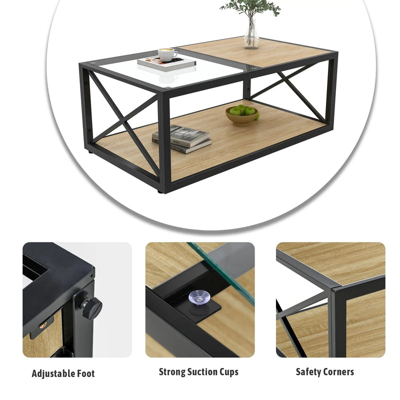 Modern Coffee Table with Tempered Glass and Natural Wood MDF Top by HouseOfZazla