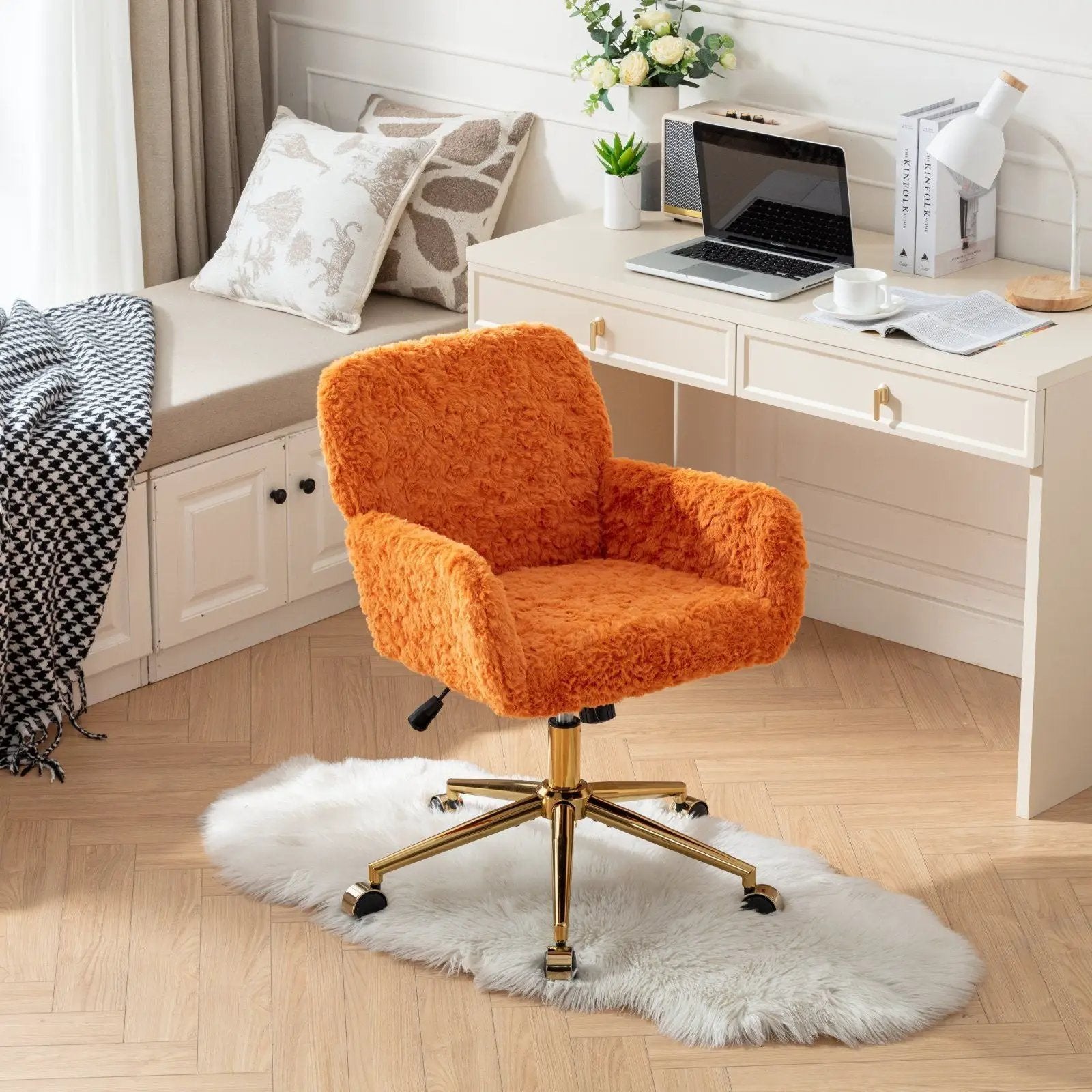 Office Chair, Artificial Rabbit Hair Home Office Chair With Metal Base, Adjustable Desk Chair Swivel Office Chair, Vanity Chair by HouseOfZazla